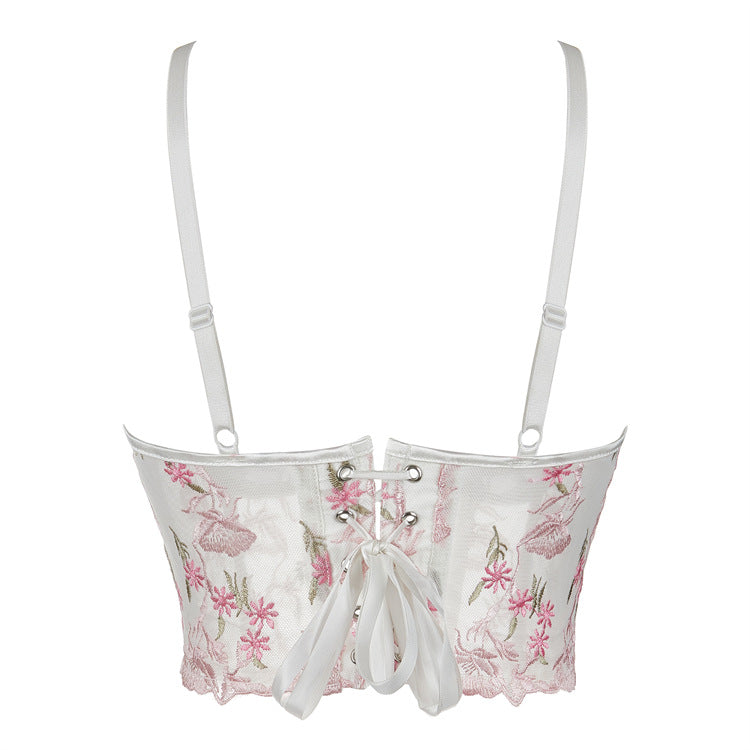 Embroidered flower mesh fishbone camisole