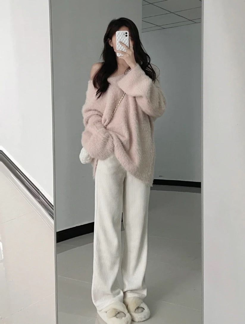 V-neck mink velvet sweater lazy loose pullover top