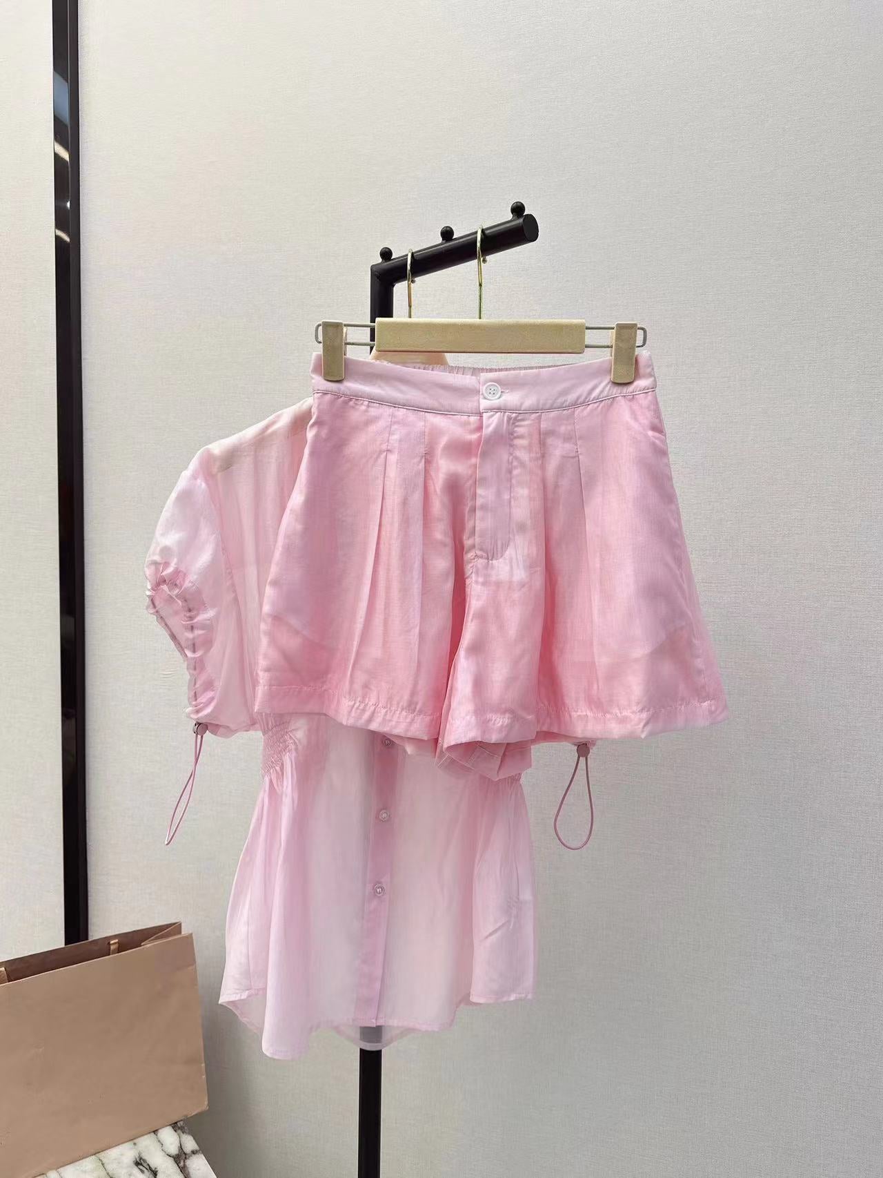 Girly style letter embroidered lapel short-sleeved sun protection shirt and shorts suit