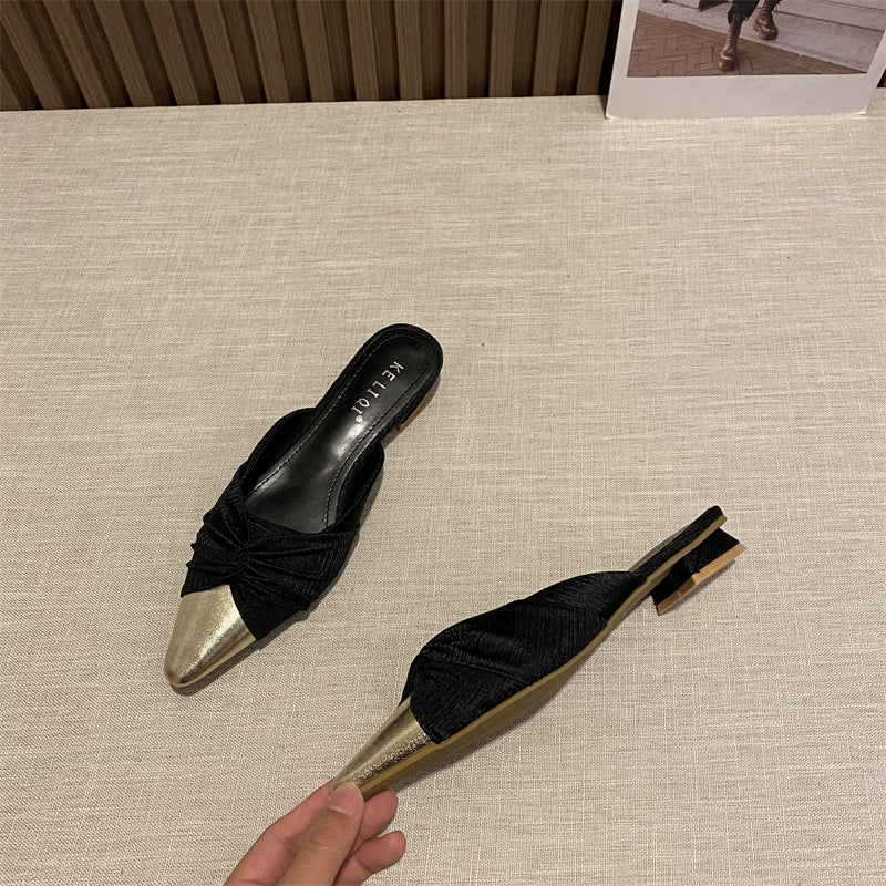 Retro fragrant pleated lady style color block low heel slippers