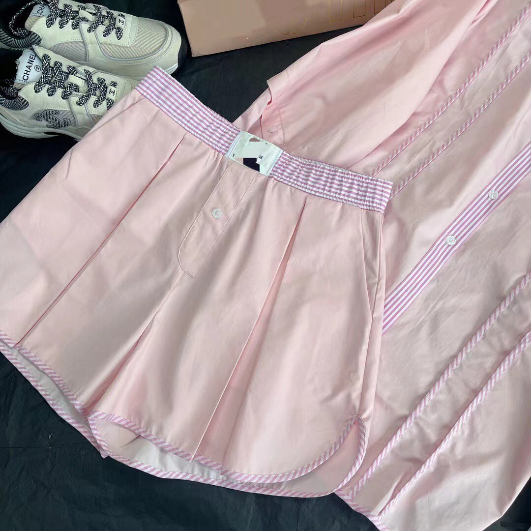 Lazy style contrast striped embroidered lapel sun protection shirt casual shorts suit