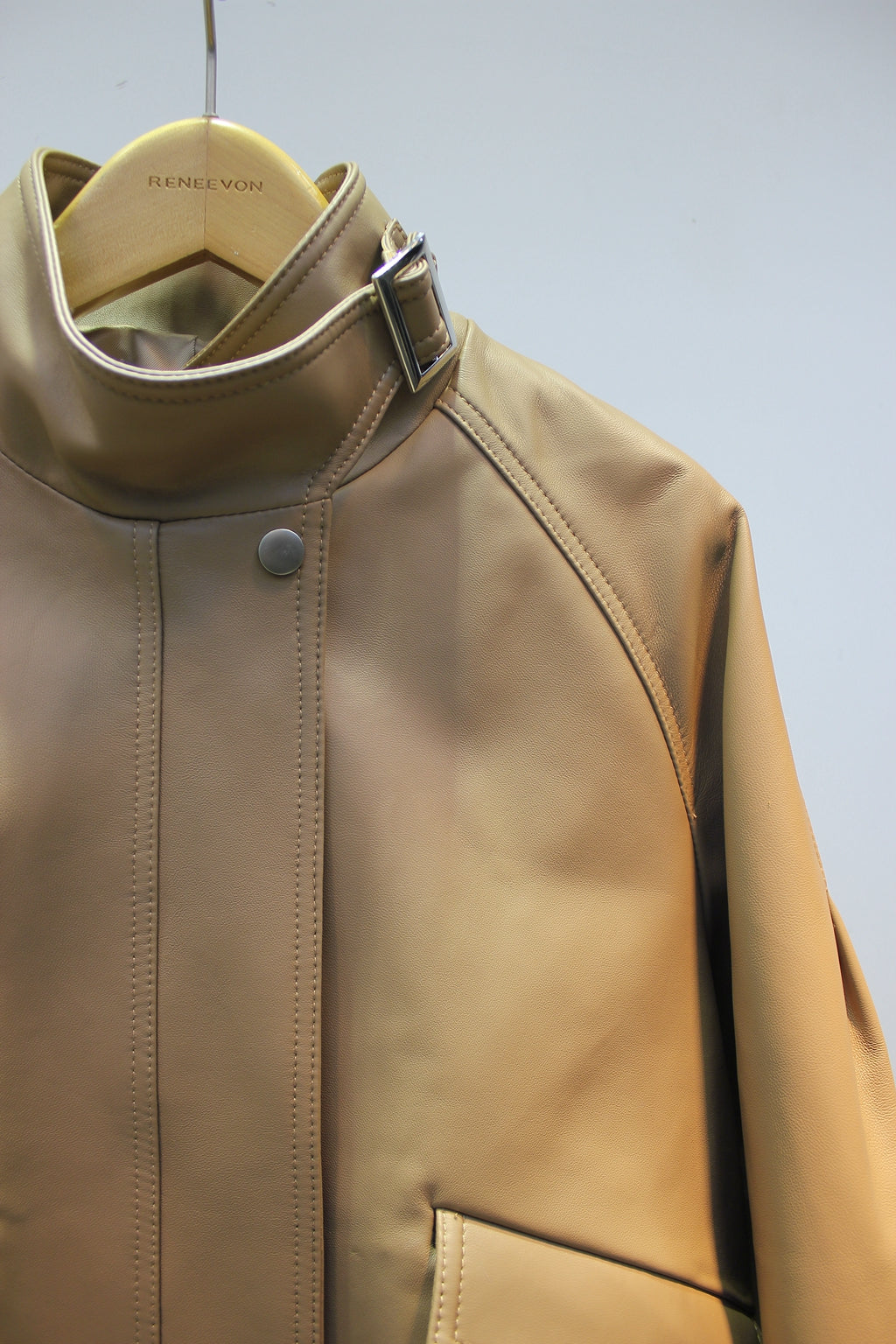 Sheepskin leather jacket with stand collar