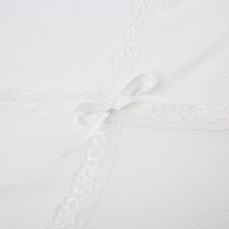 V-neck lace stitching bow short T-shirt