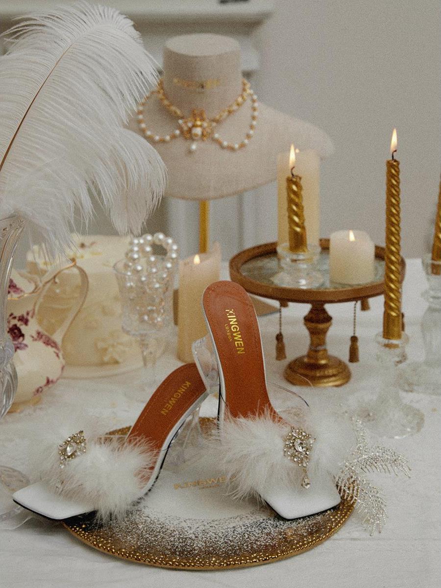 Rhinestone fur high heels slippers sandals