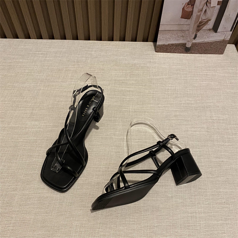 Fairy style square toe thin strap Roman shoes