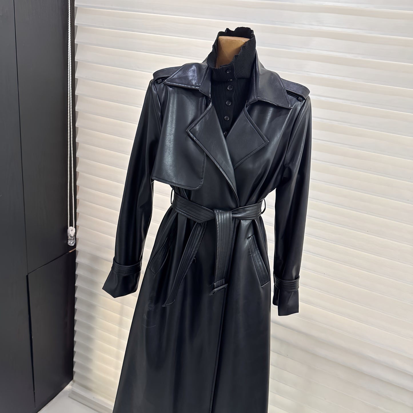 PU leather coat suit collar double breasted coat
