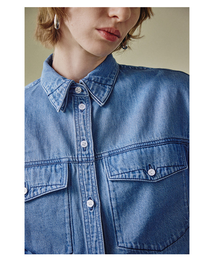 Light washed linen peak collar denim shirt