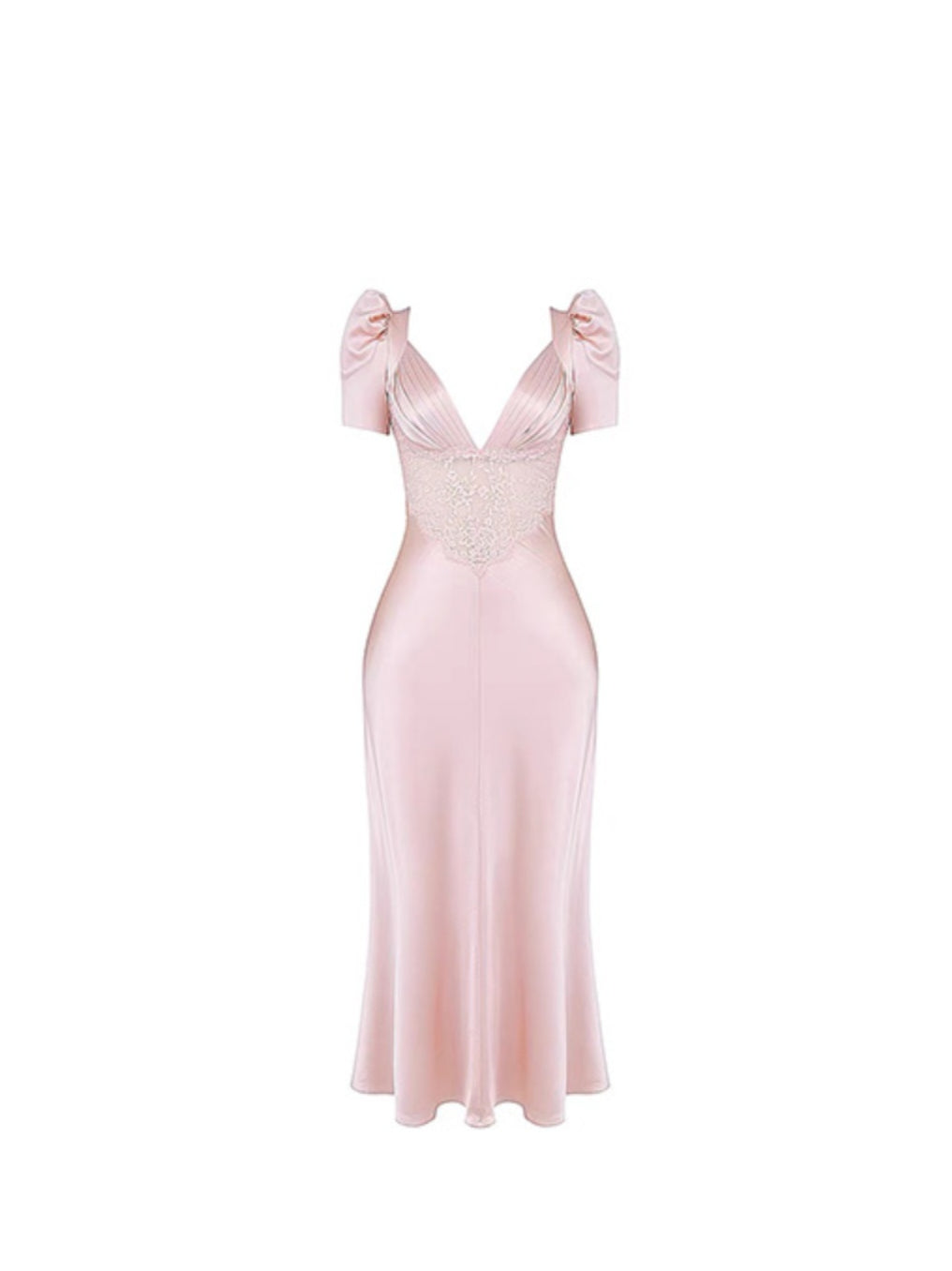 Puff-sleeved lace paneled waistless pink dress