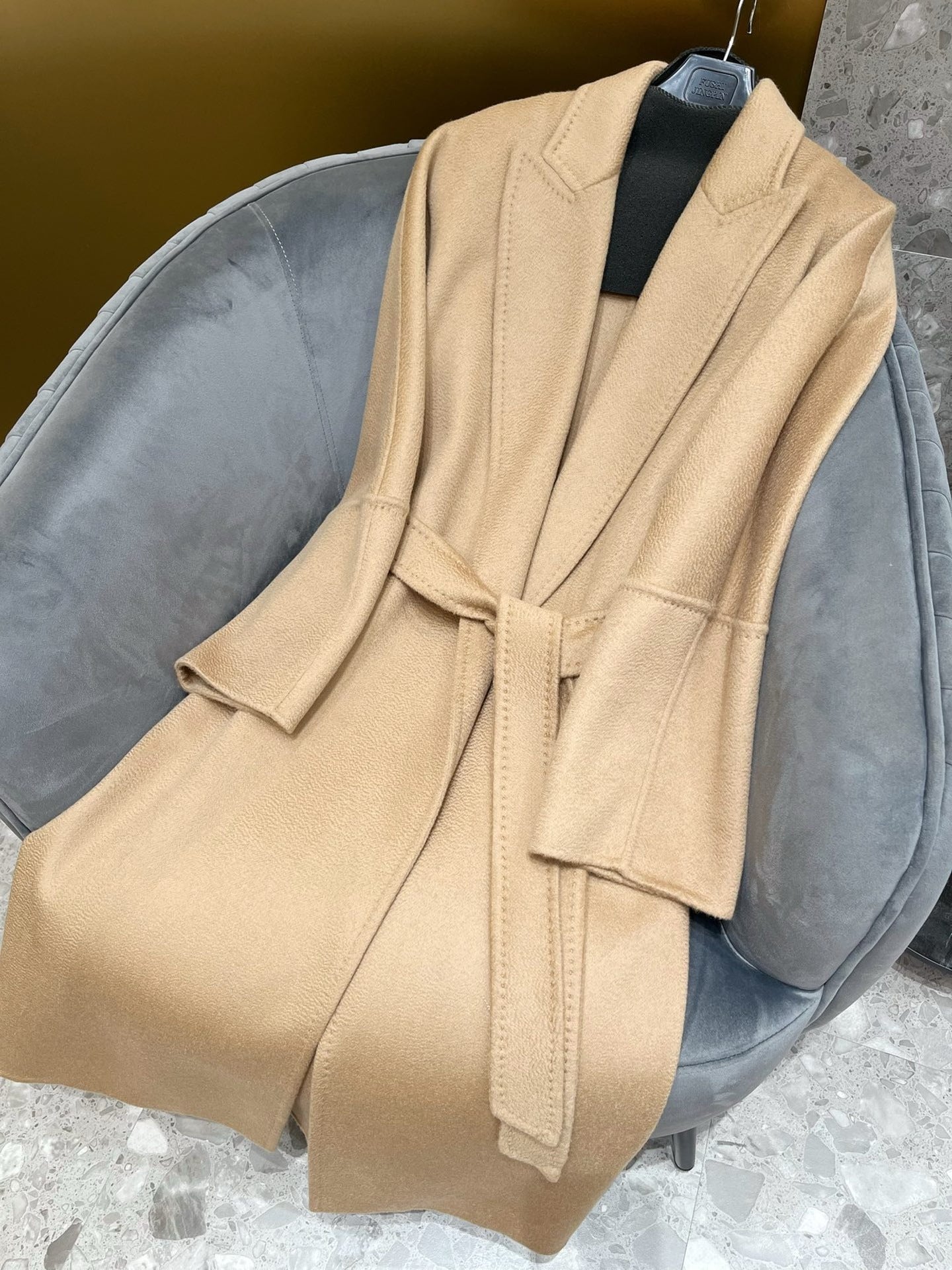 Double-faced water ripple cashmere bathrobe-style wool lace-up coat