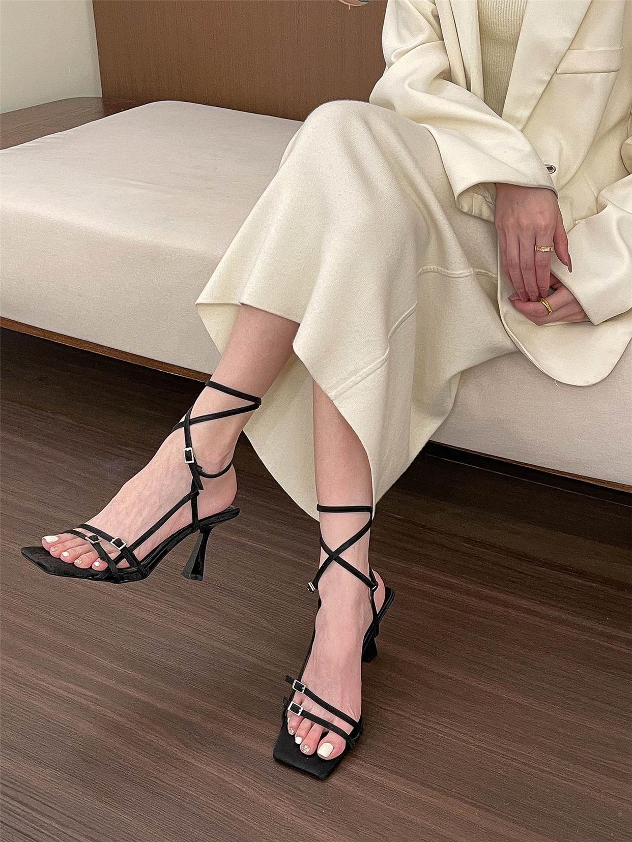 Strappy square toe open toe pumps