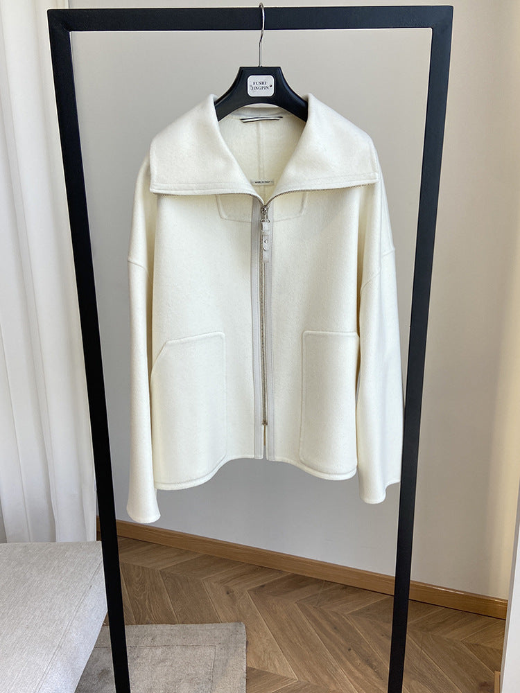 Double-faced cashmere short zip-up coat