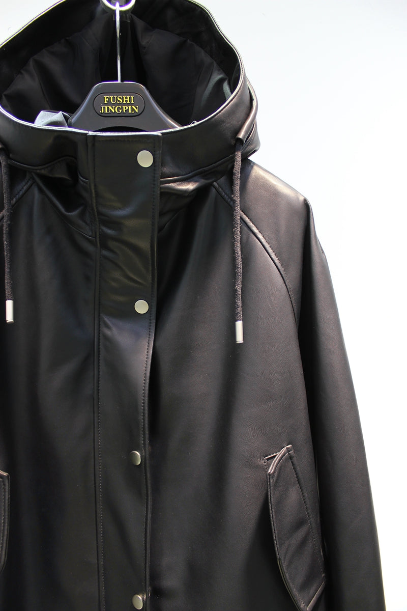 Loose and stylish hooded sheepskin leather jacket