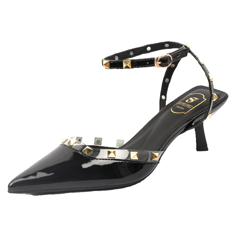 Studded stiletto elegant pointed toe transparent French patent leather high heels