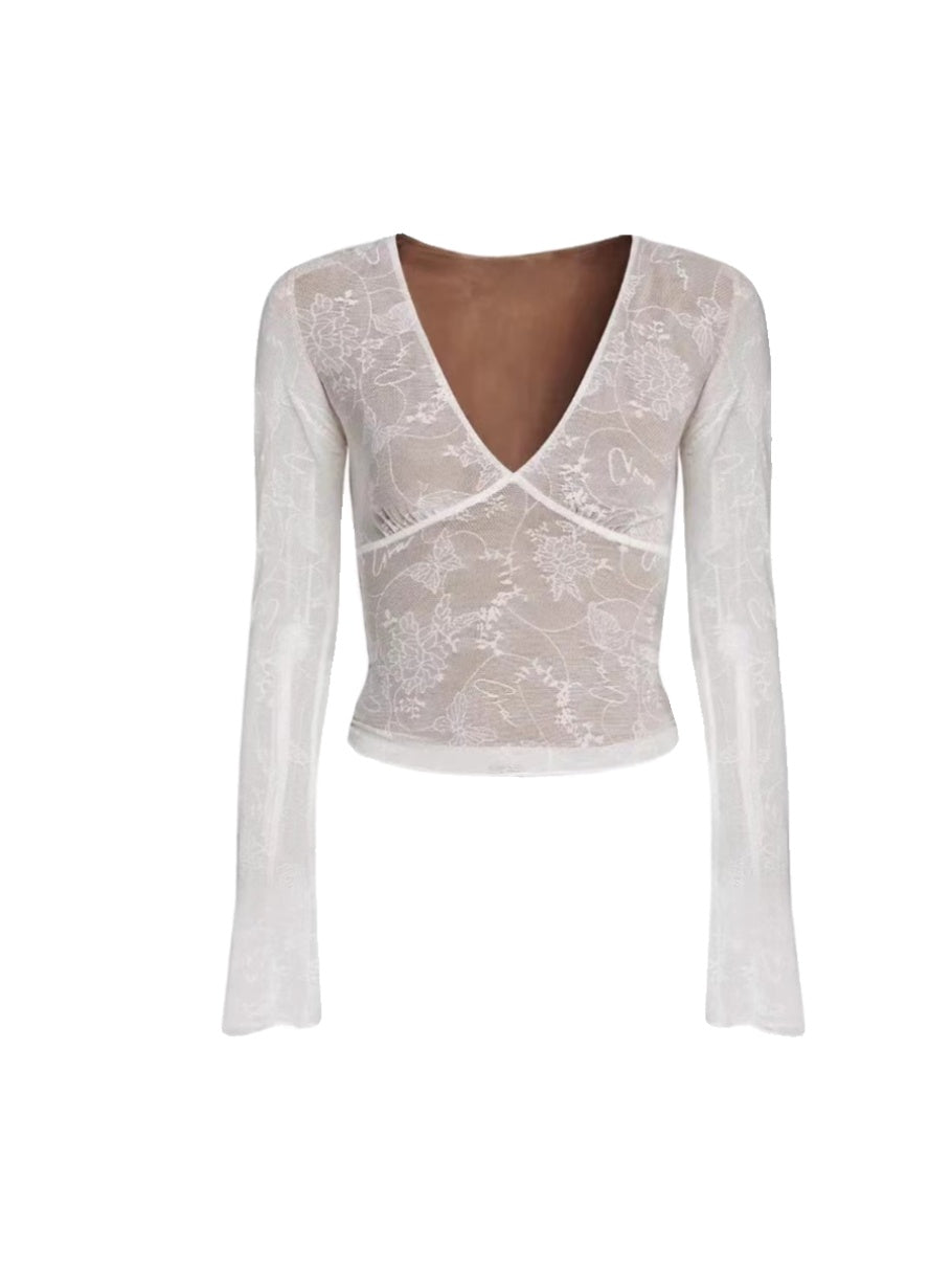 Low-cut lined V-neck lace top