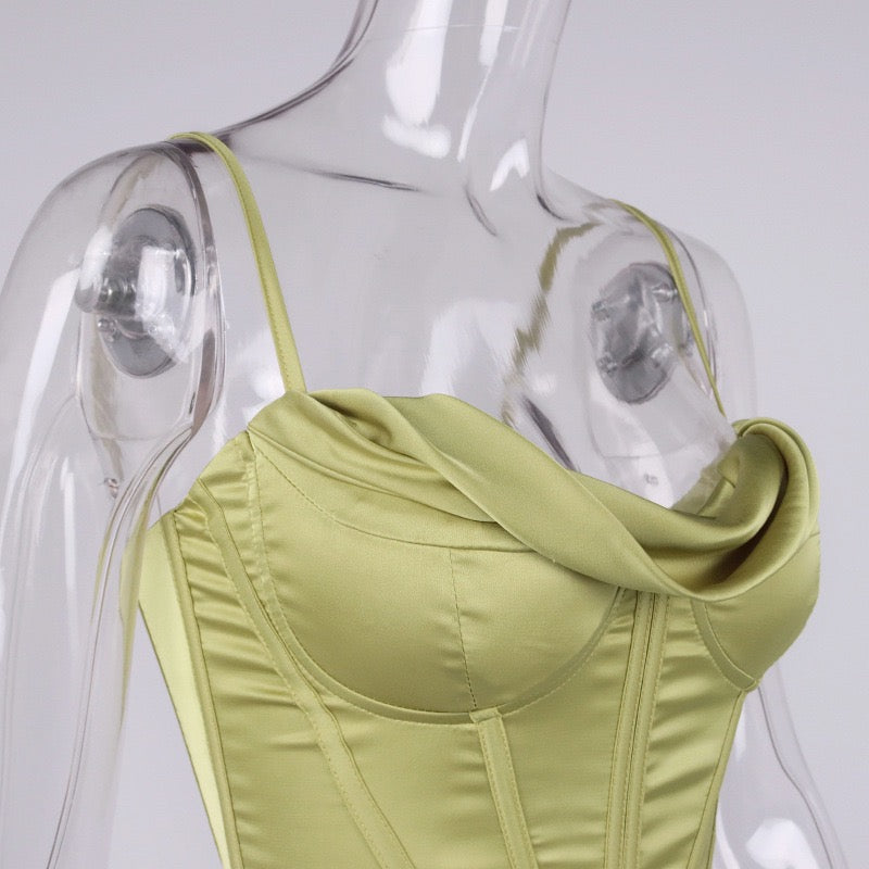 Satin herringbone corset top with pleated design