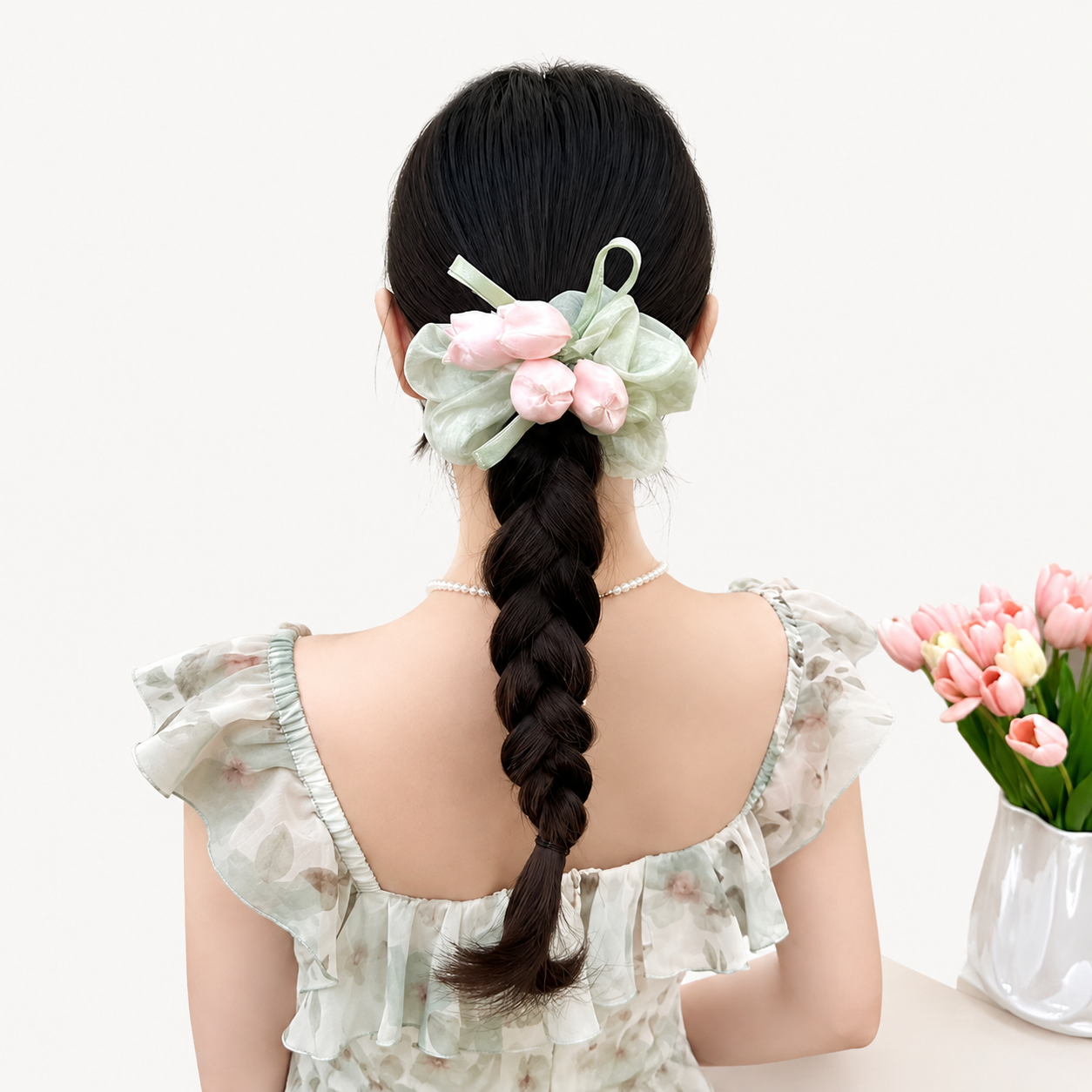 SWEET DREAMS FLORAL SCRUNCHIE IN PISTACHIO BLOSSOM