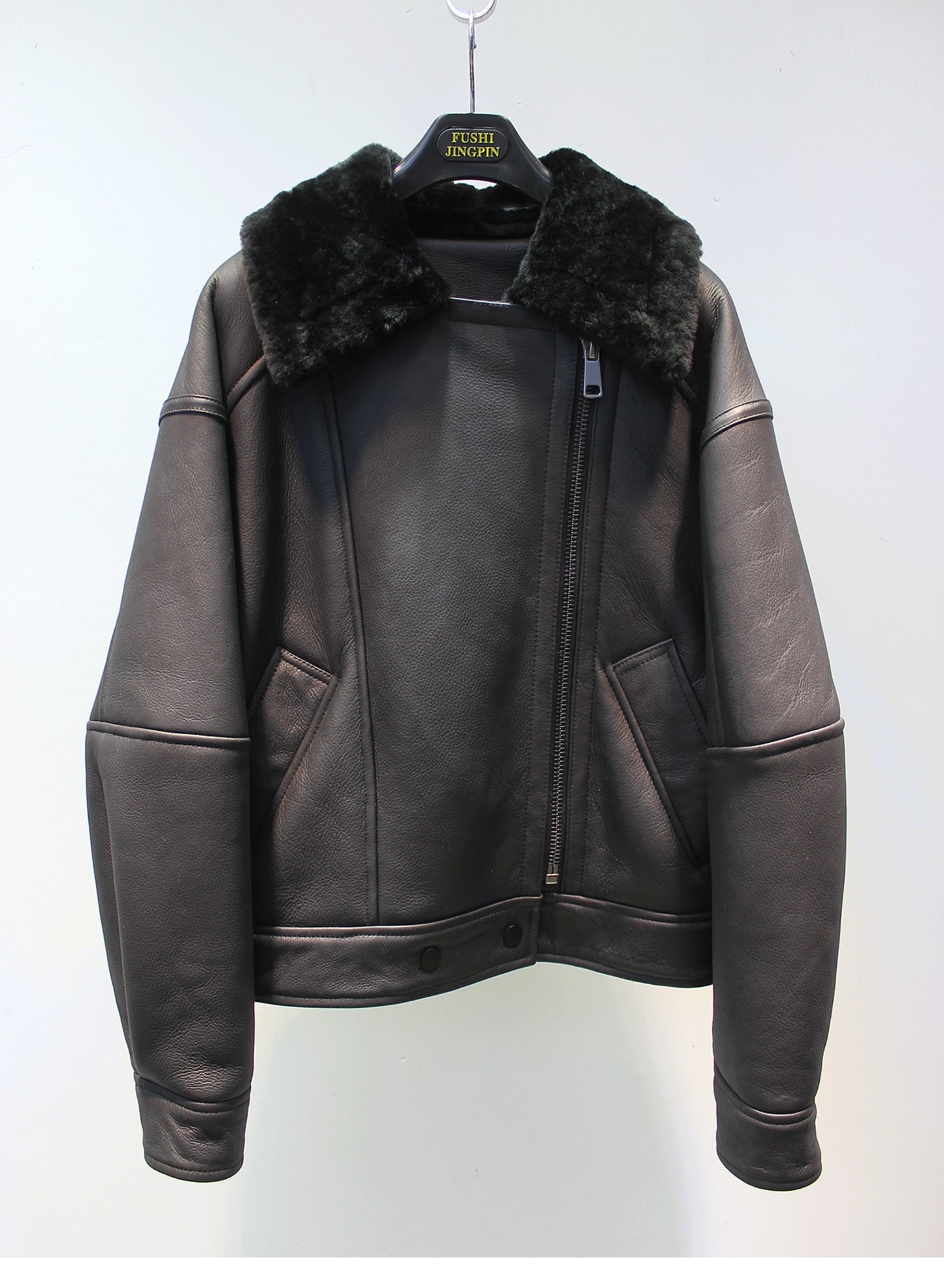 Lmported merino wool and fur all-in-one classic motorcycle jacket for women