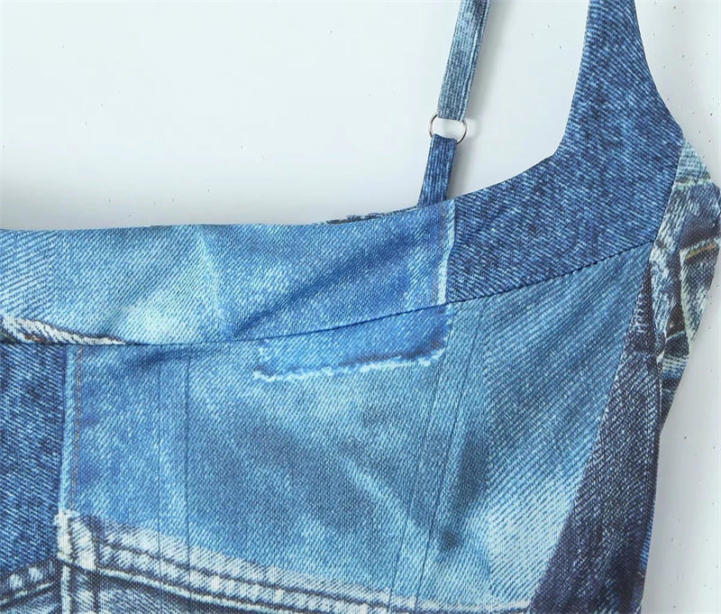 American retro tie-dye denim print fishbone suspender belt