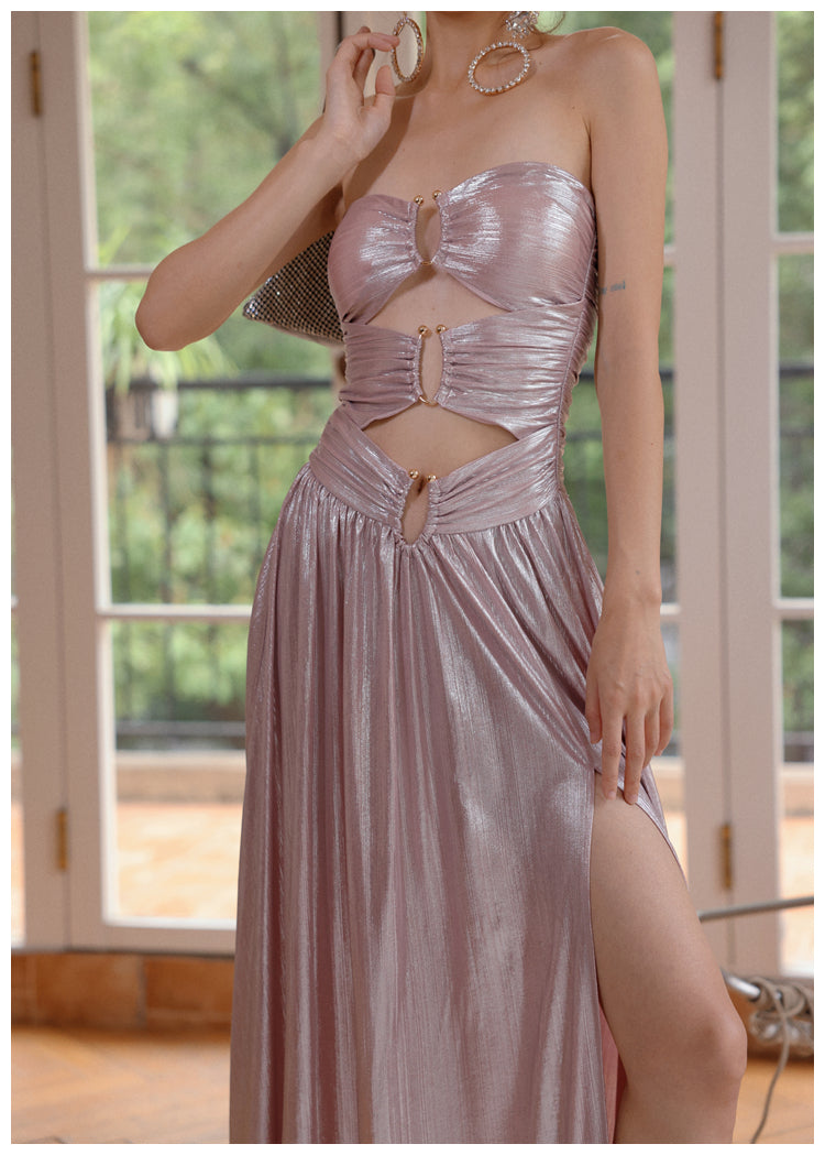 Streaming pink navel-baring tube top dress, hollow birthday skirt, mini dress