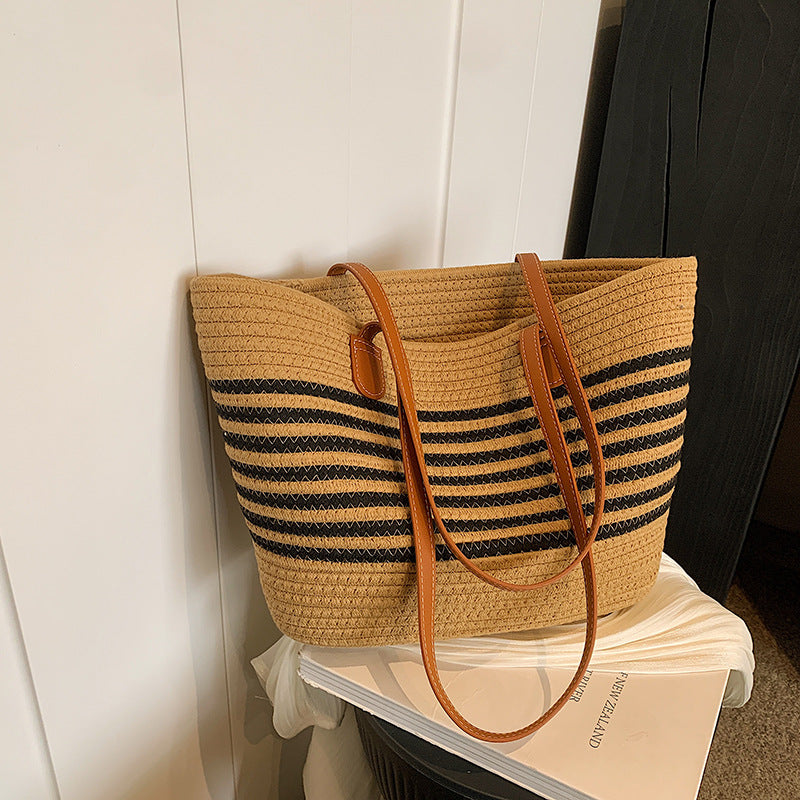 Woven Contrast Stripe Beach Bag