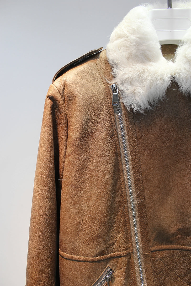 Soft small lake sheep fur all-in-one slim and stylish motorcycle jacket
