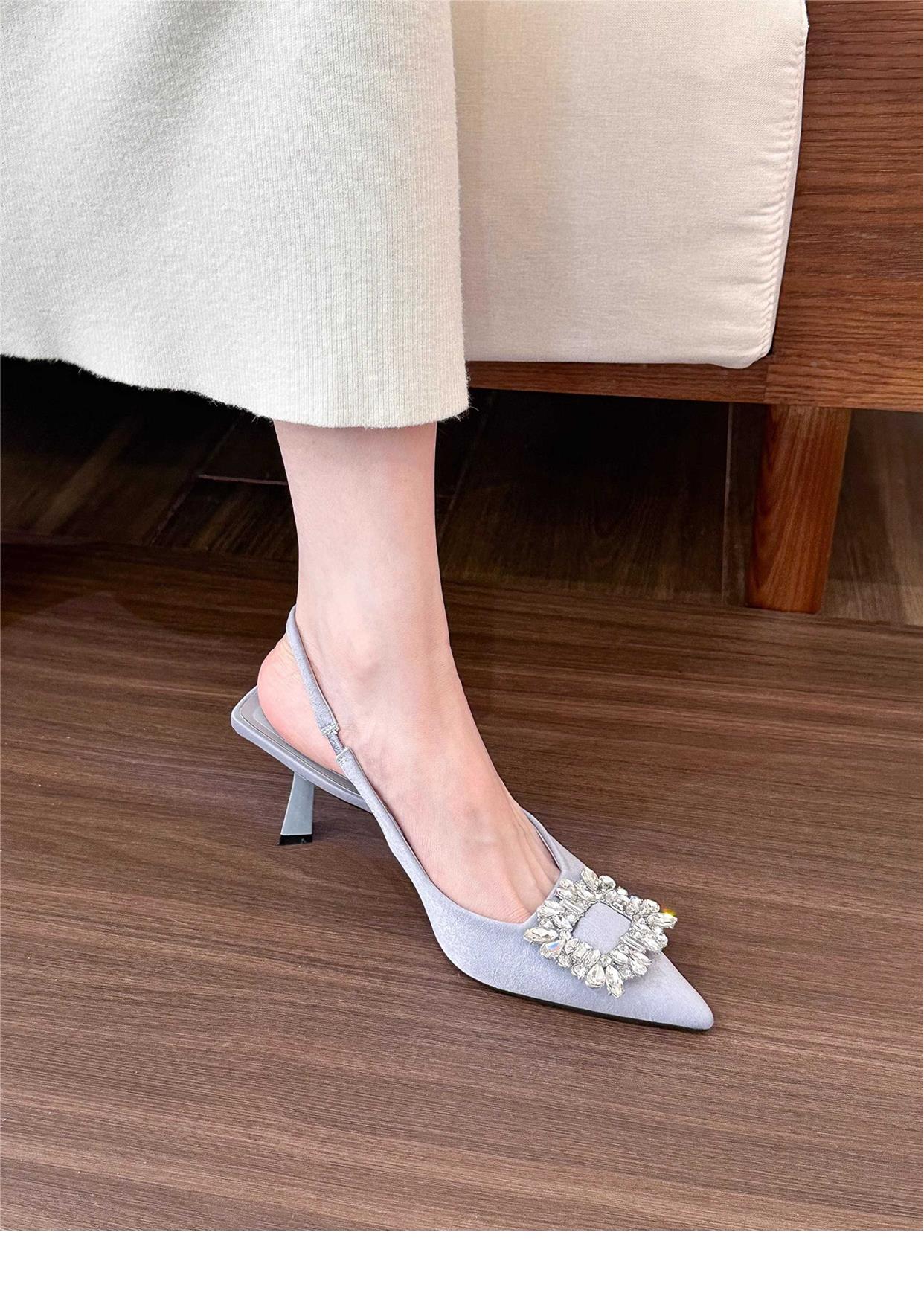 Pointed square buckle rhinestone high heel satin toe shoes