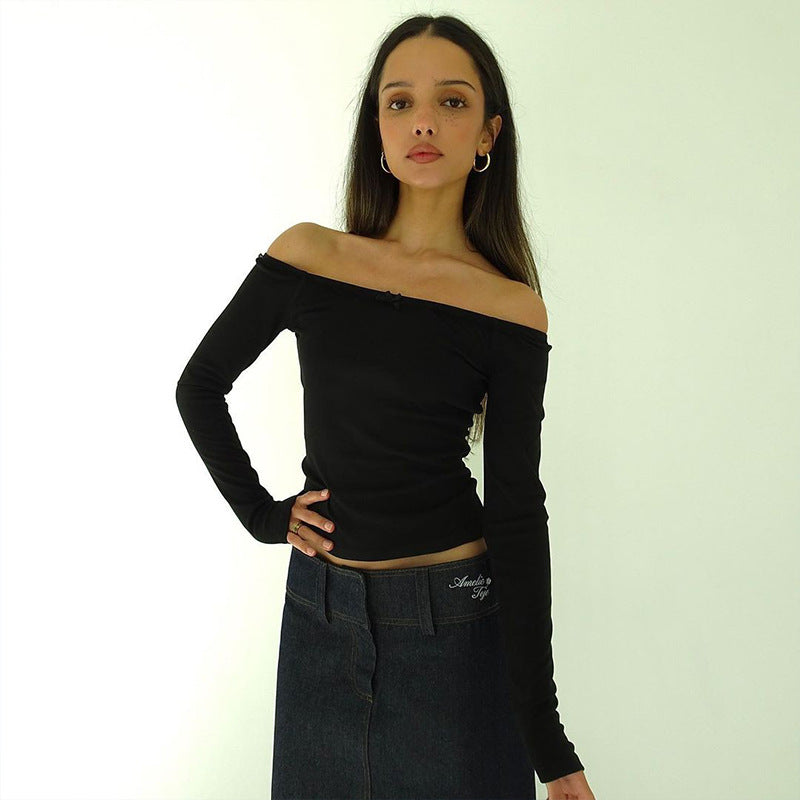 One-shoulder off-shoulder lace bow slim fit bottoming shirt