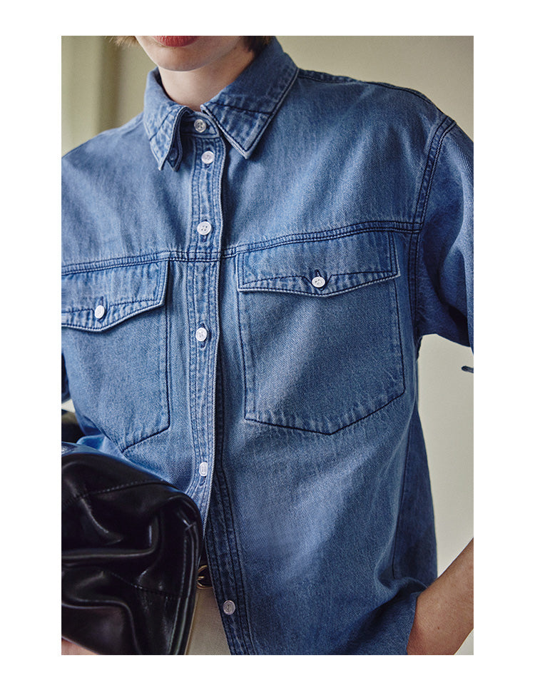 Light washed linen peak collar denim shirt