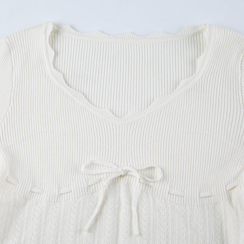 French girly bow tie crochet knit top