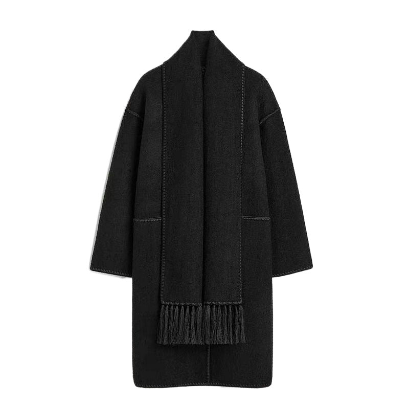 Autumn and winter loose slim camel wool blend embroidered scarf coat