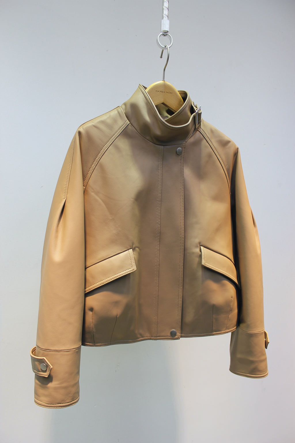 Sheepskin leather jacket with stand collar