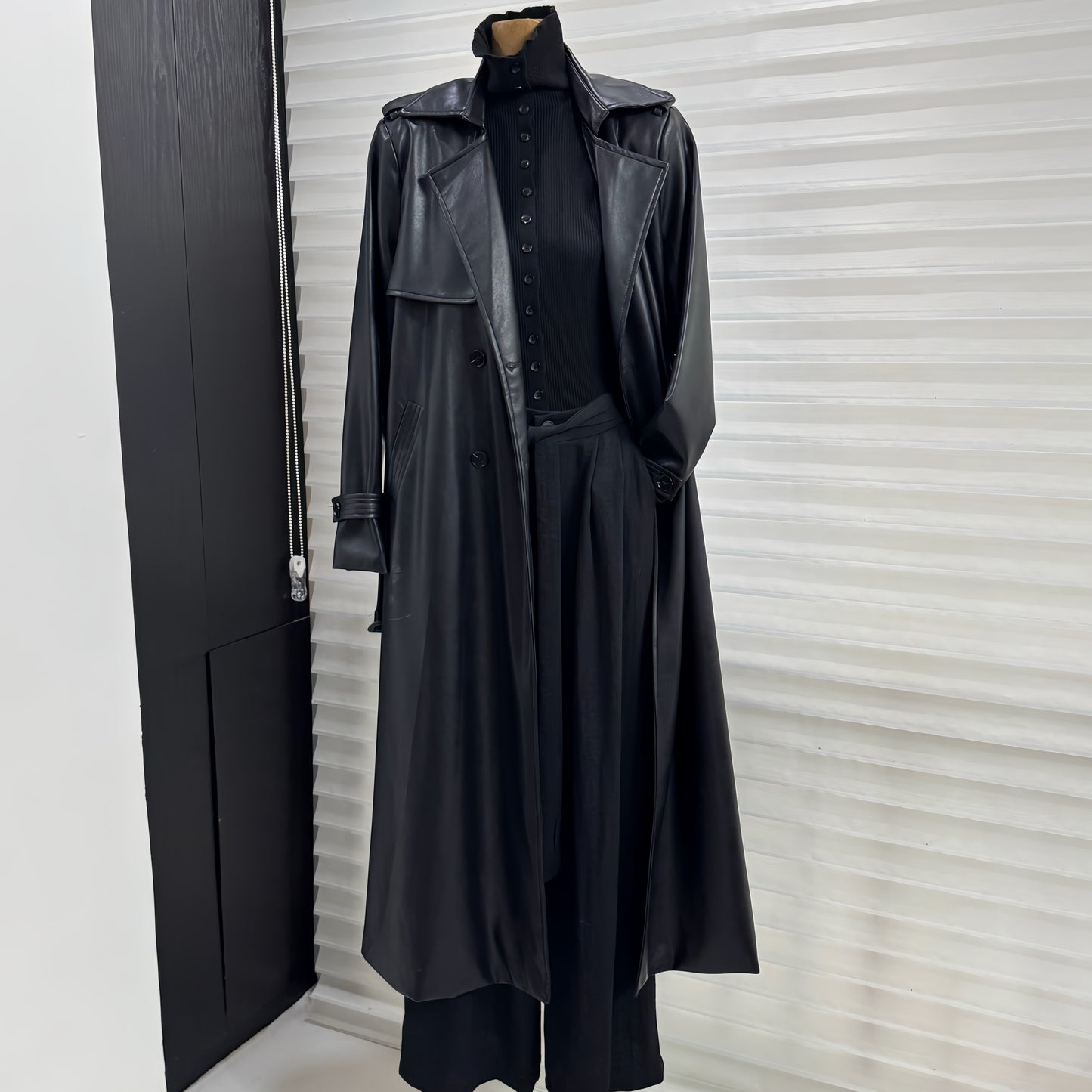 PU leather coat suit collar double breasted coat