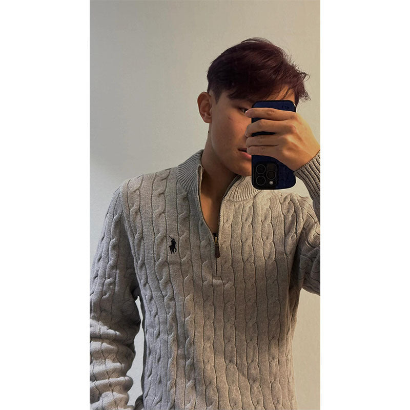 Embroidered knitted stand collar sweater