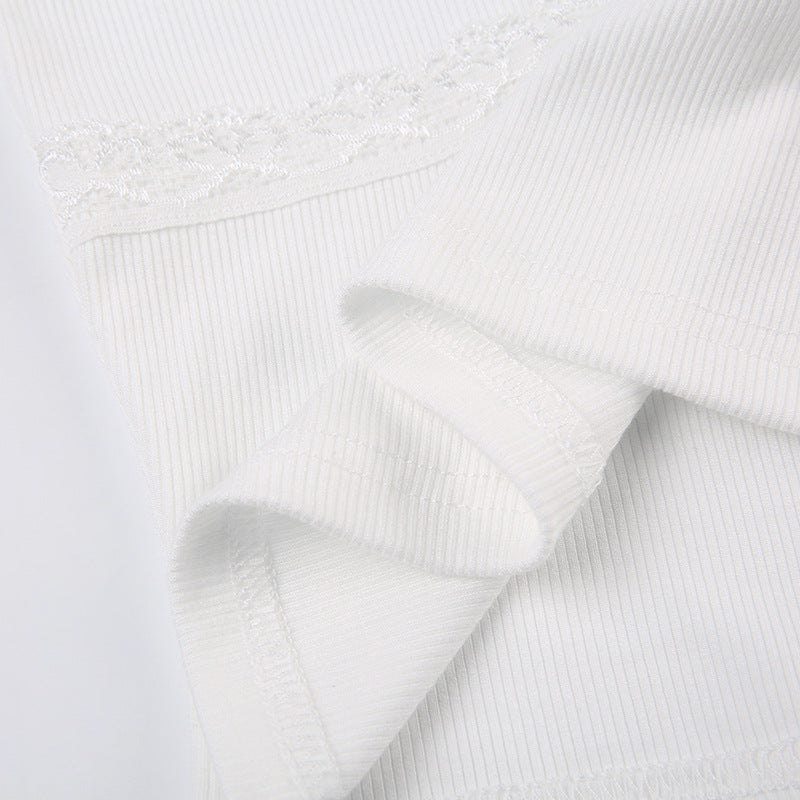 V-neck lace stitching bow short T-shirt