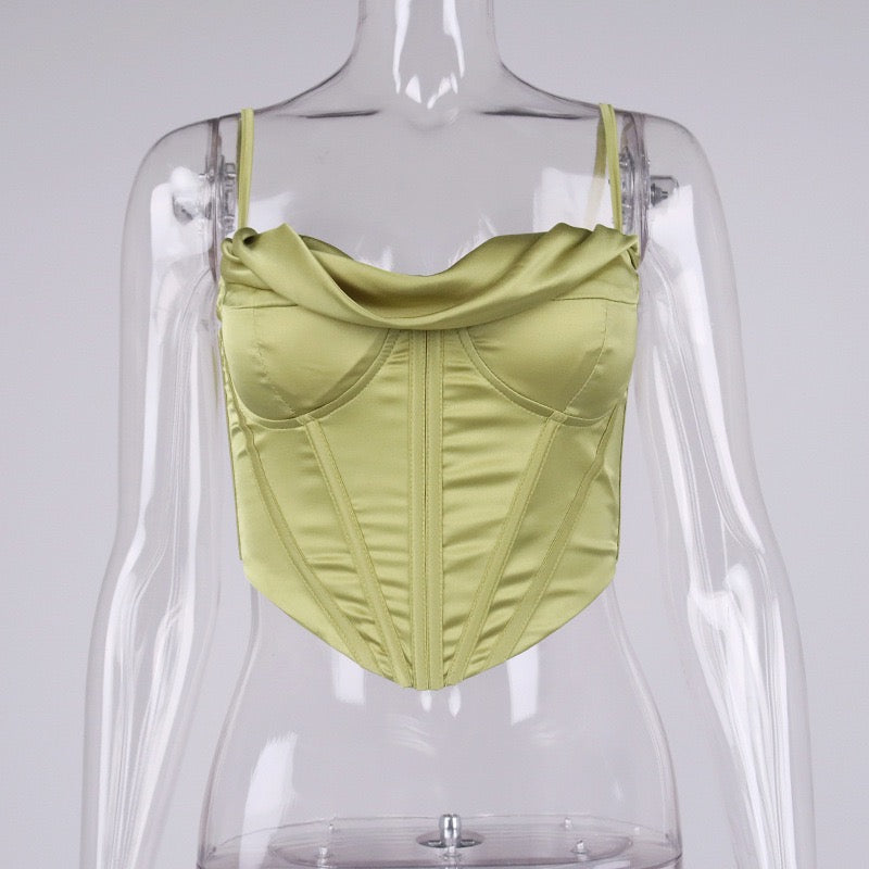 Satin herringbone corset top with pleated design