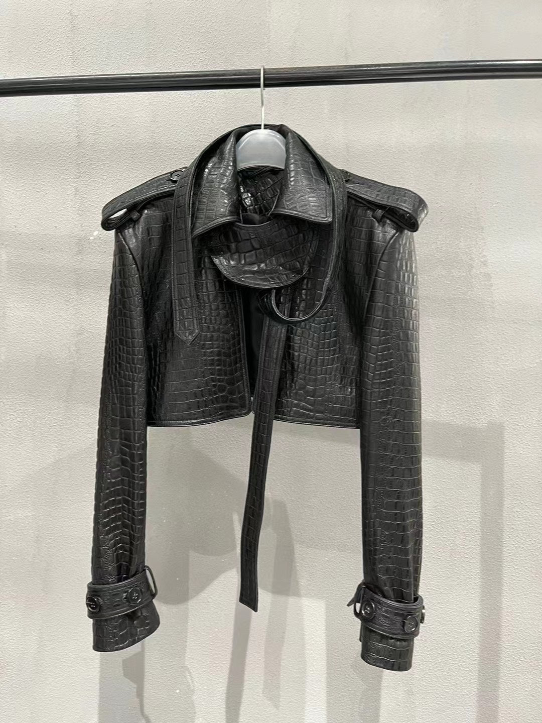 Crocodile print sheepskin leather biker jacket