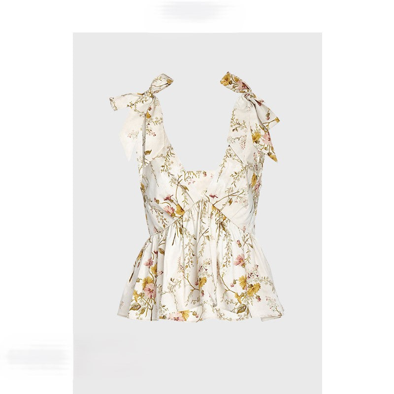 French floral halter top with retro temperament hot girl style