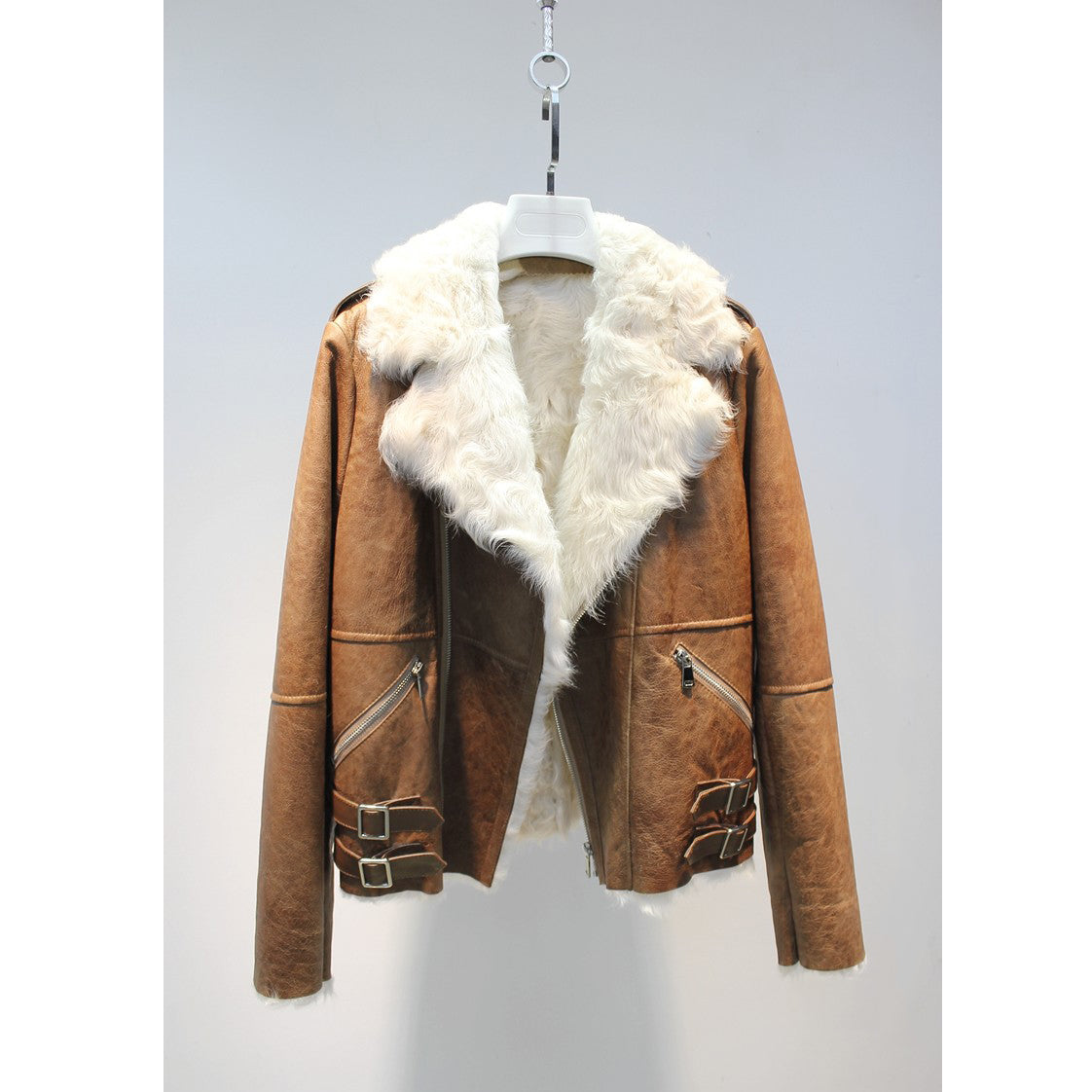Soft small lake sheep fur all-in-one slim and stylish motorcycle jacket