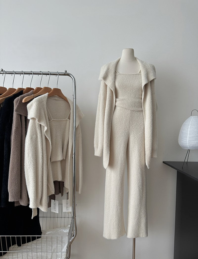 Faux Mink Jacket Vest Wide-Leg Pants Knitted Three-Piece Set