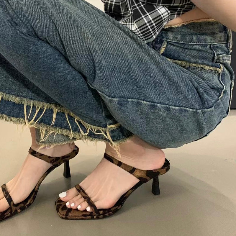 Vintage leopard print sexy strappy open toe sandals
