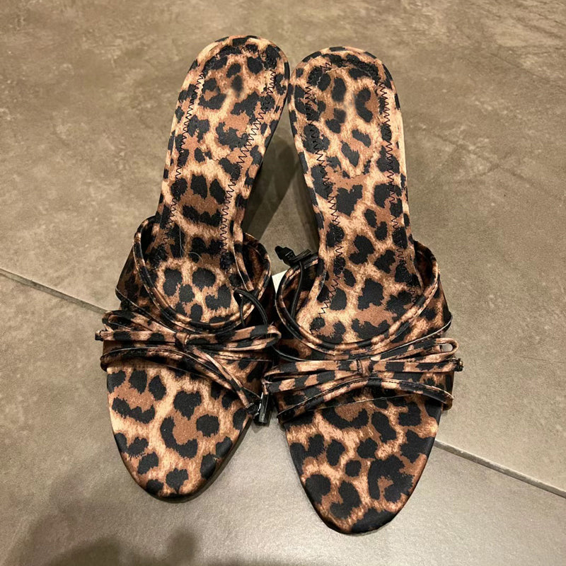 Leopard print versatile stiletto open toe bow high heel sandals