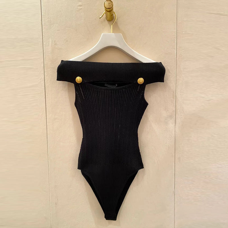 Off-the-shoulder knitted jumpsuit with bateau neckline