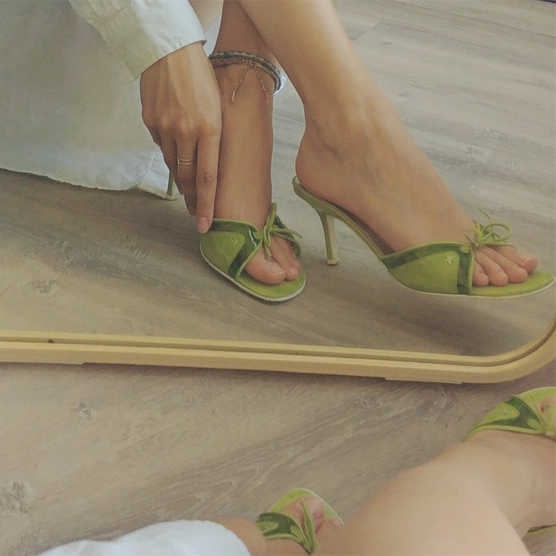 Medieval sandals olive green elegant stiletto bow high heel sandals