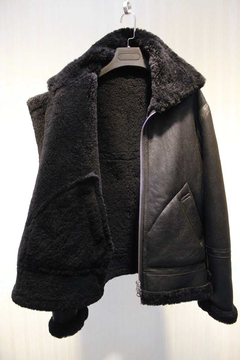 Thick imported merino sheepskin all-in-one bomber jacket