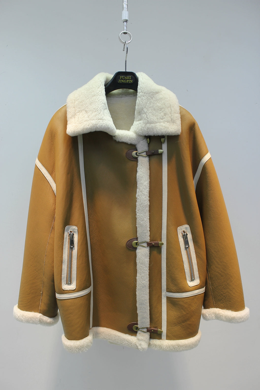 Lmported merino sheepskin fur all-in-one retro motorcycle jacket