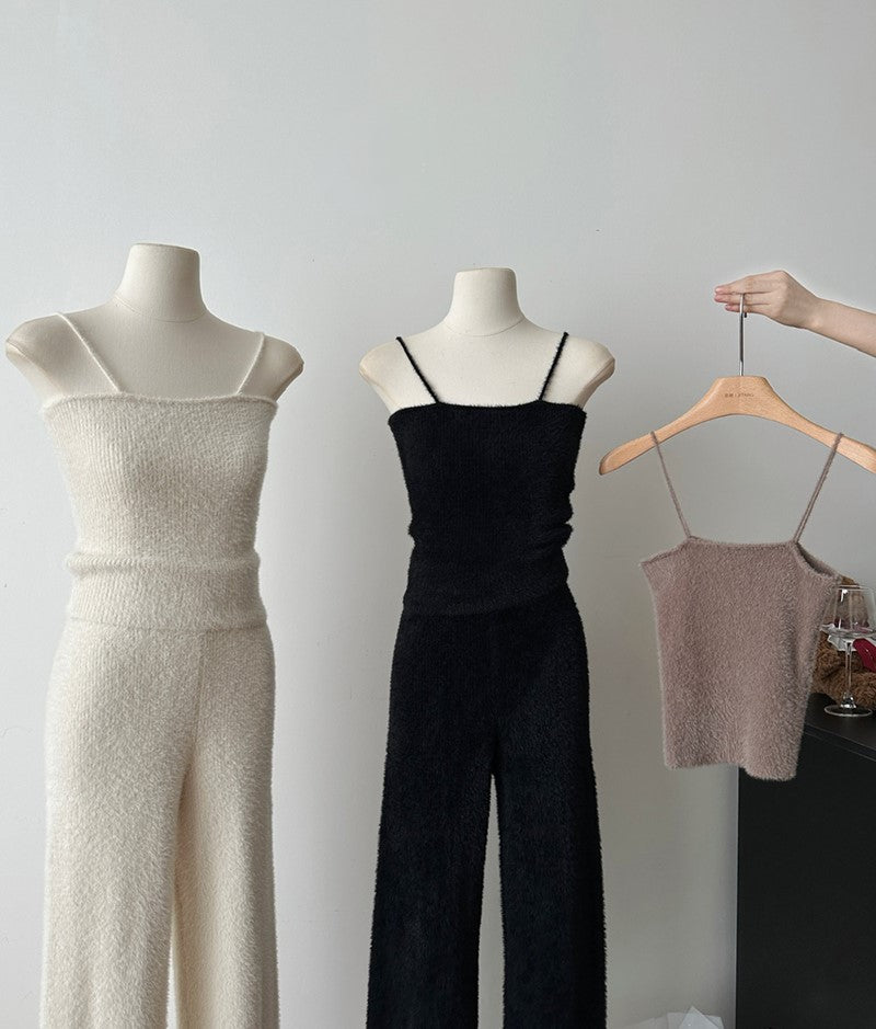 Faux Mink Jacket Vest Wide-Leg Pants Knitted Three-Piece Set