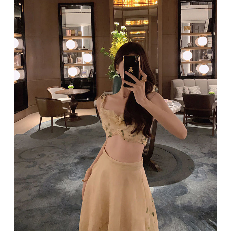 High waist suspender suit two piece set