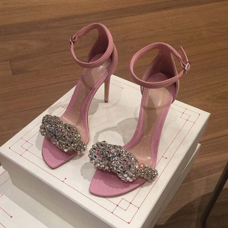 Lrregular square toe rhinestone high heel sandals