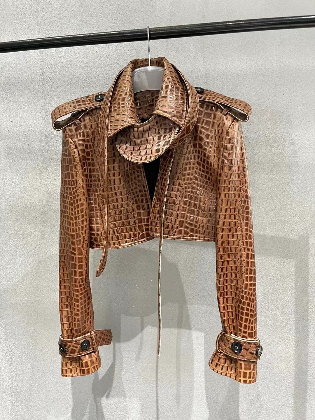 Crocodile print sheepskin leather biker jacket