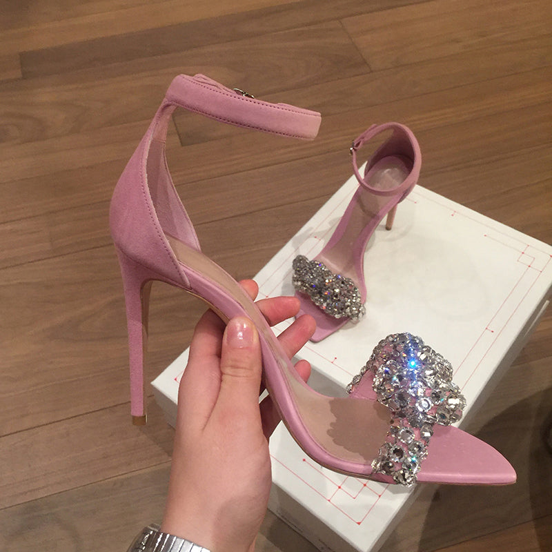 Lrregular square toe rhinestone high heel sandals